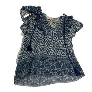 M.A.B.E. Women's Viti Print Frill Top, Size Small, Blue White Tassel Blouse